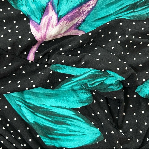 Joseph Ribkoff Black Dress Teal Floral Design Polka Dot Stretch Jersey Size 10 - Picture 9 of 12